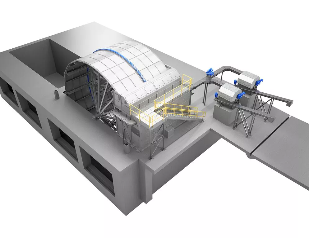 The Single Entry Drum Screen main shaft is aligned with influent flow via a single inlet port.