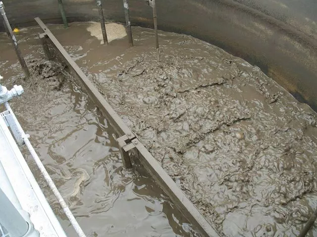 Thickened sludge from membrane thickener transferred over weir back into sludge holding tank.