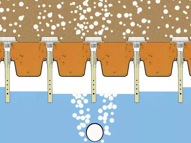 Our underdrain nozzles are designed to carry out 4 basic functions:

Uniform distribution of water distribution. The pressure drop created in the nozzles ensure water backwashing is evenly distributed through the filter media. Water is discharged radially at a 15-degree angle above the filter floor. An internal cone directs and stabilises flow inside the nozzle head.
Elimination of gravel layers. Vertical ribs in the nozzle head prevent filter media from passing into the plenum chamber. Slots widen towards the inside, presenting a sharp outer edge to the media. This allows the placement of sand directly onto the nozzles, eliminating gravel layers and their associated problems.


