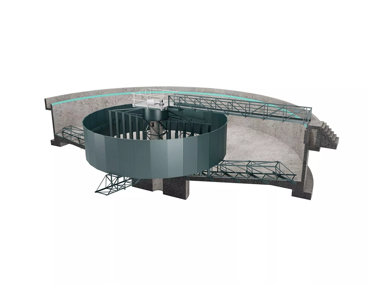 Diagram of clariflocculator with air bridge-rack arms pushing sludge towards center discharge pipes.