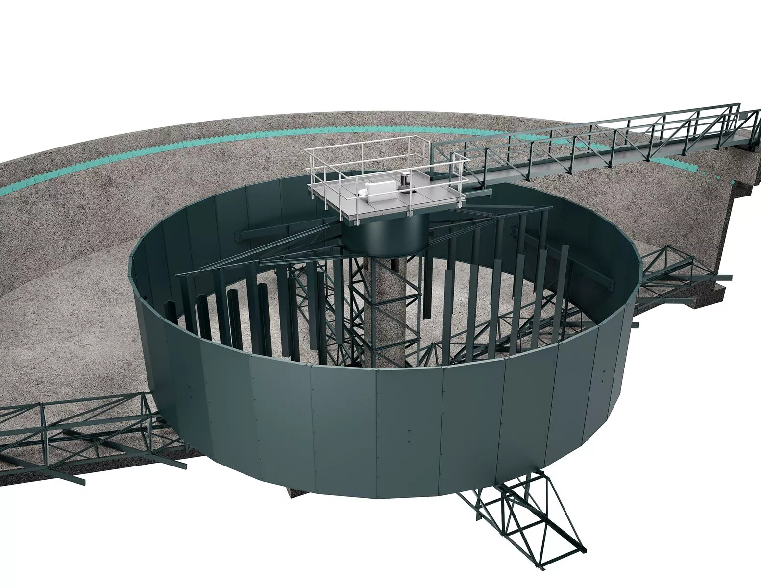 Image showing how rake arms drive settled sludge to center for removal through sludge discharge pipe